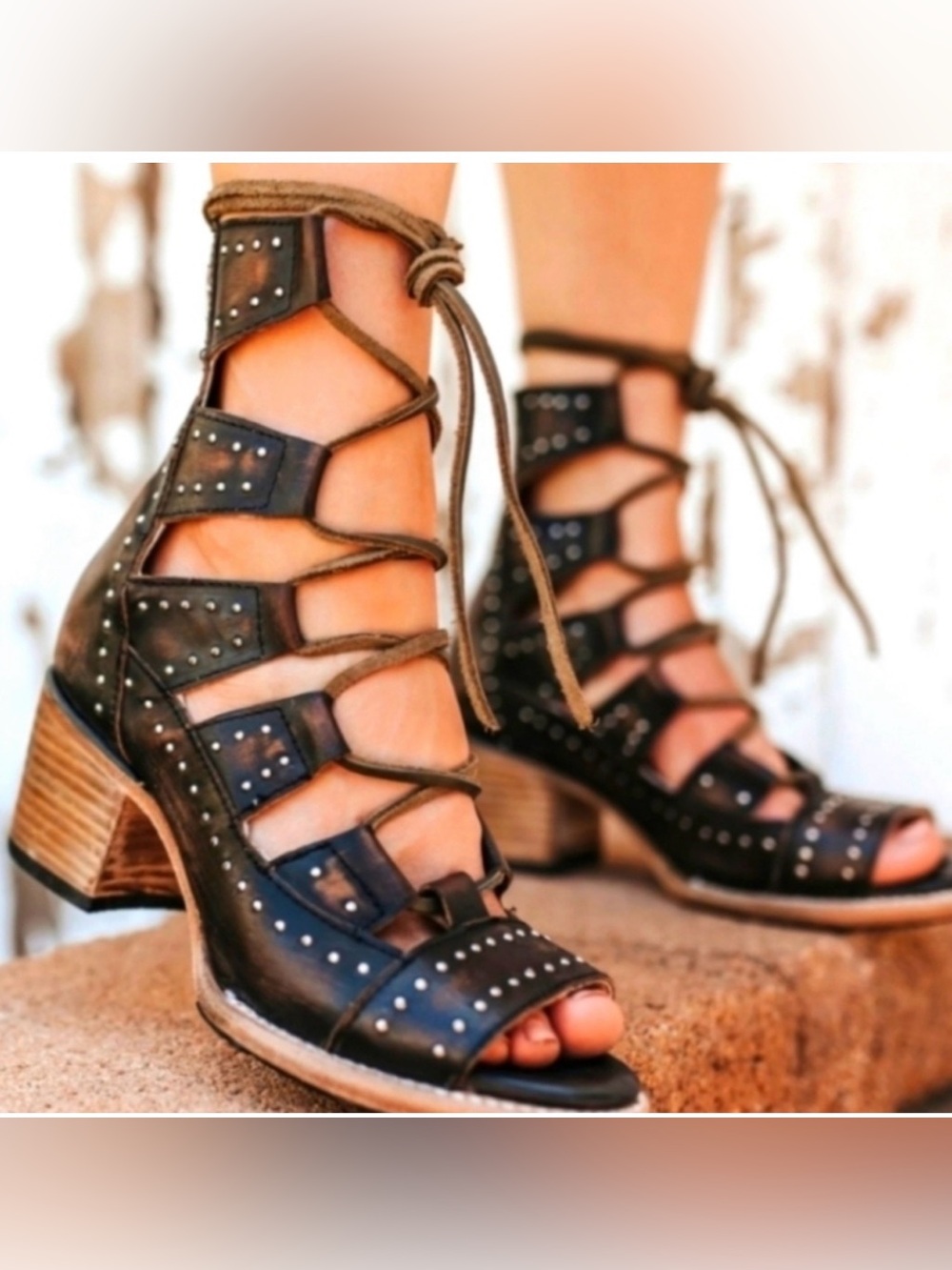 Freebird Hazel Black Distressed Lace Up Sandals 10